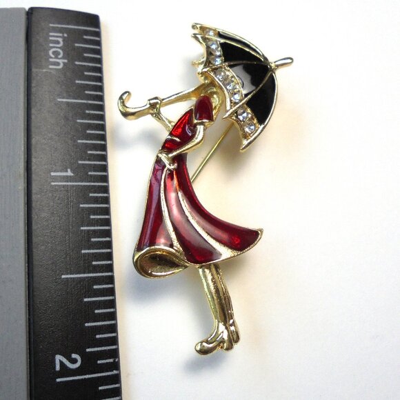 Vintage Brooch - Pendant Girl with Umbrella Enamel Pin Classic Feminine Elegance - Picture 4 of 5